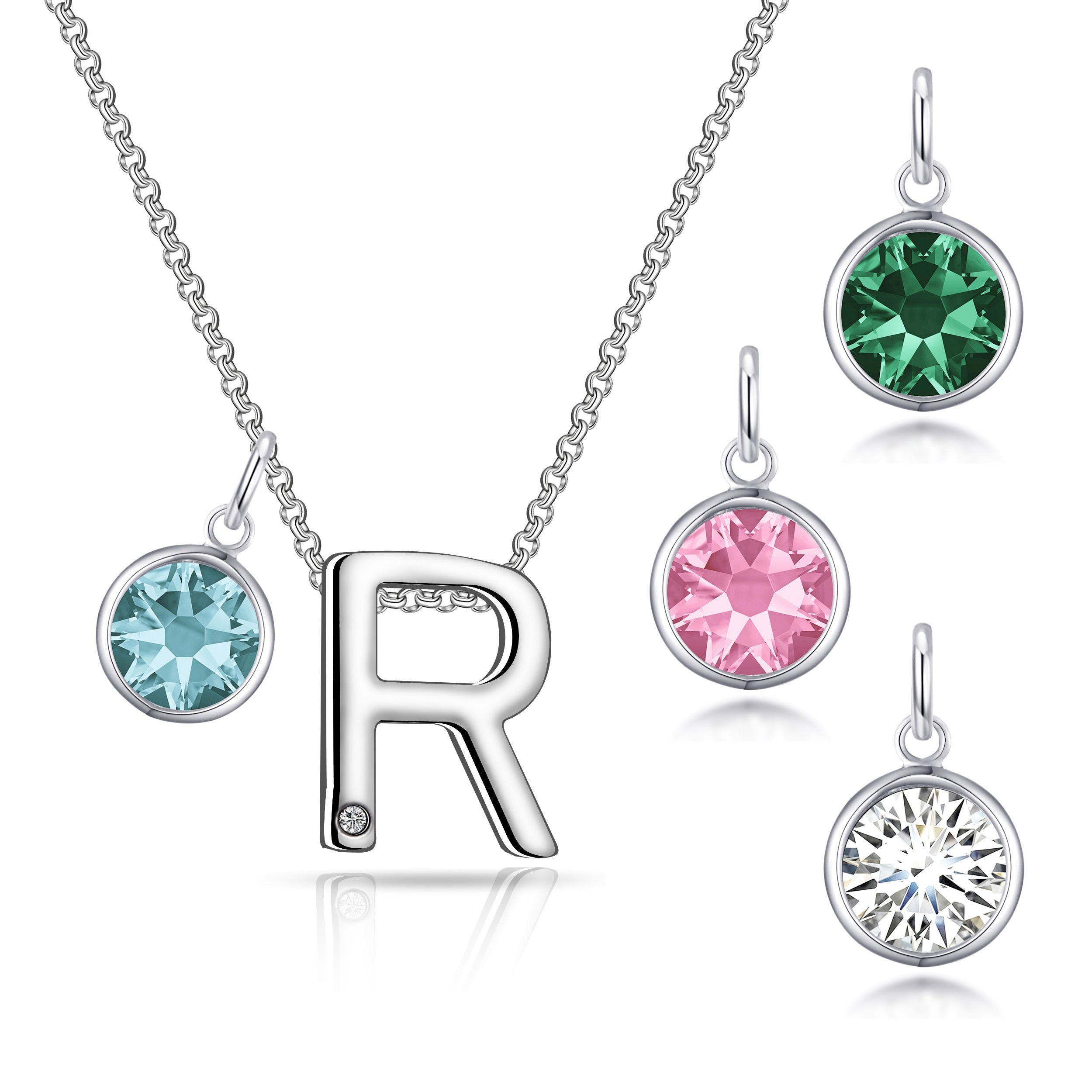 Birthstone Initial Necklace Letter R Created with Zircondia® Crystals by Philip Jones Jewellery