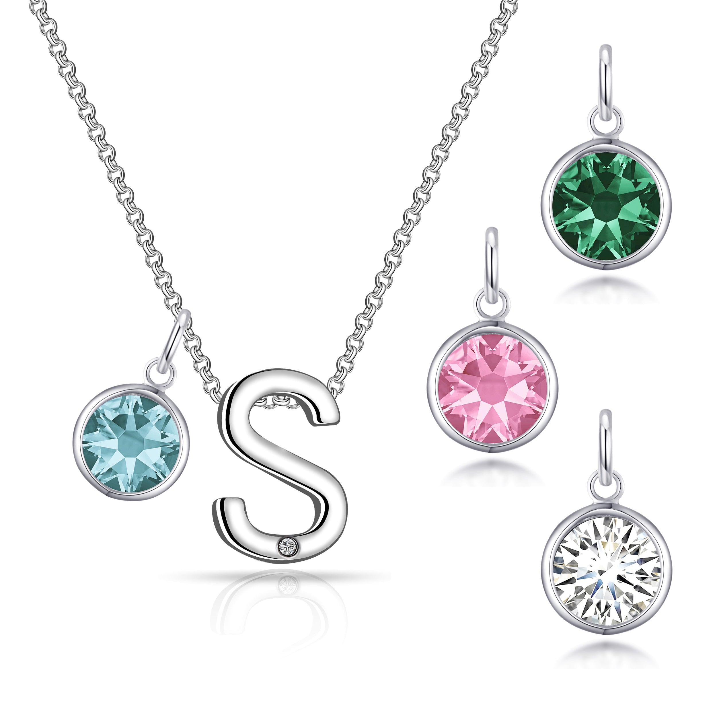 Birthstone Initial Necklace Letter S Created with Zircondia® Crystals by Philip Jones Jewellery