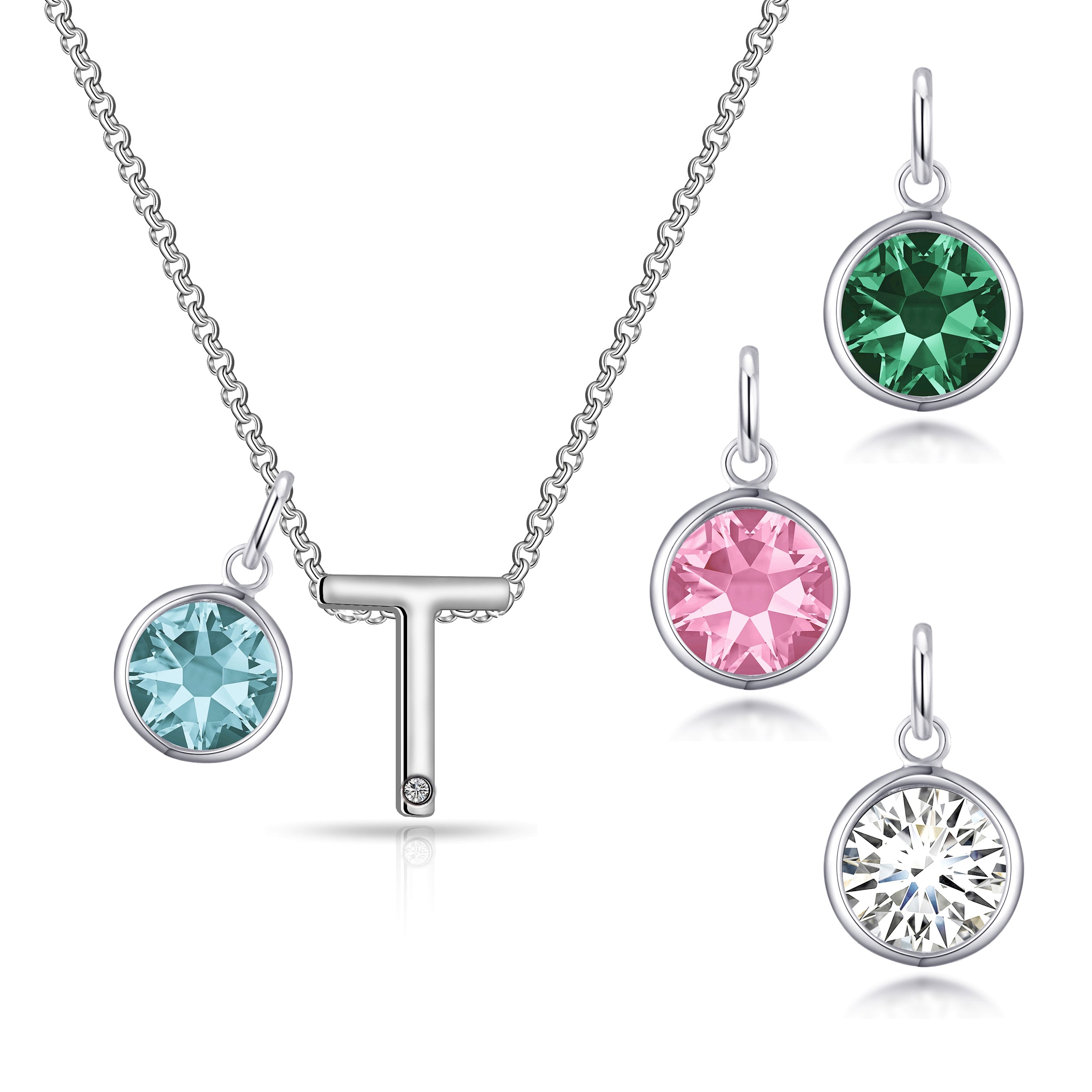 Birthstone Initial Necklace Letter T Created with Zircondia® Crystals by Philip Jones Jewellery