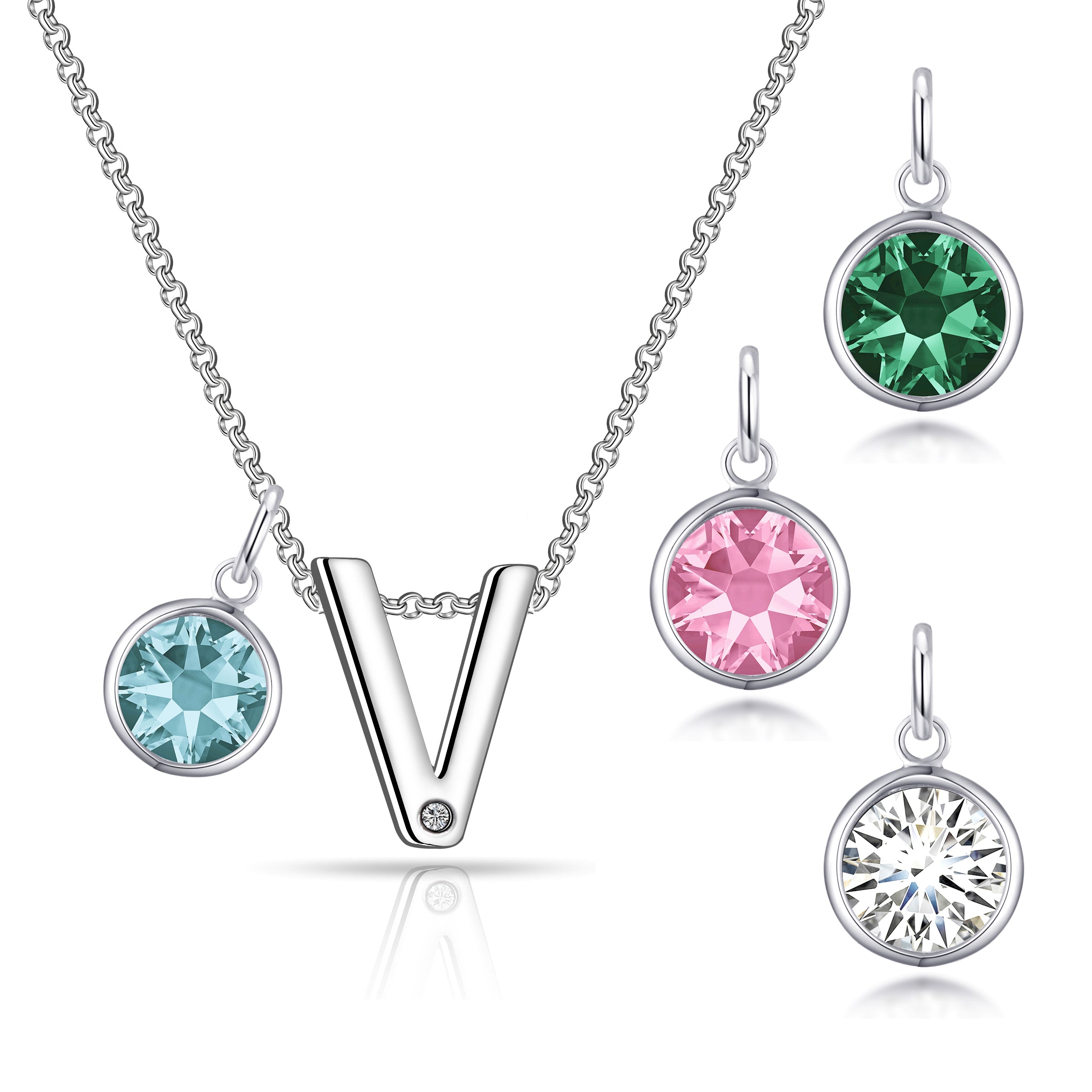Birthstone Initial Necklace Letter V Created with Zircondia® Crystals by Philip Jones Jewellery