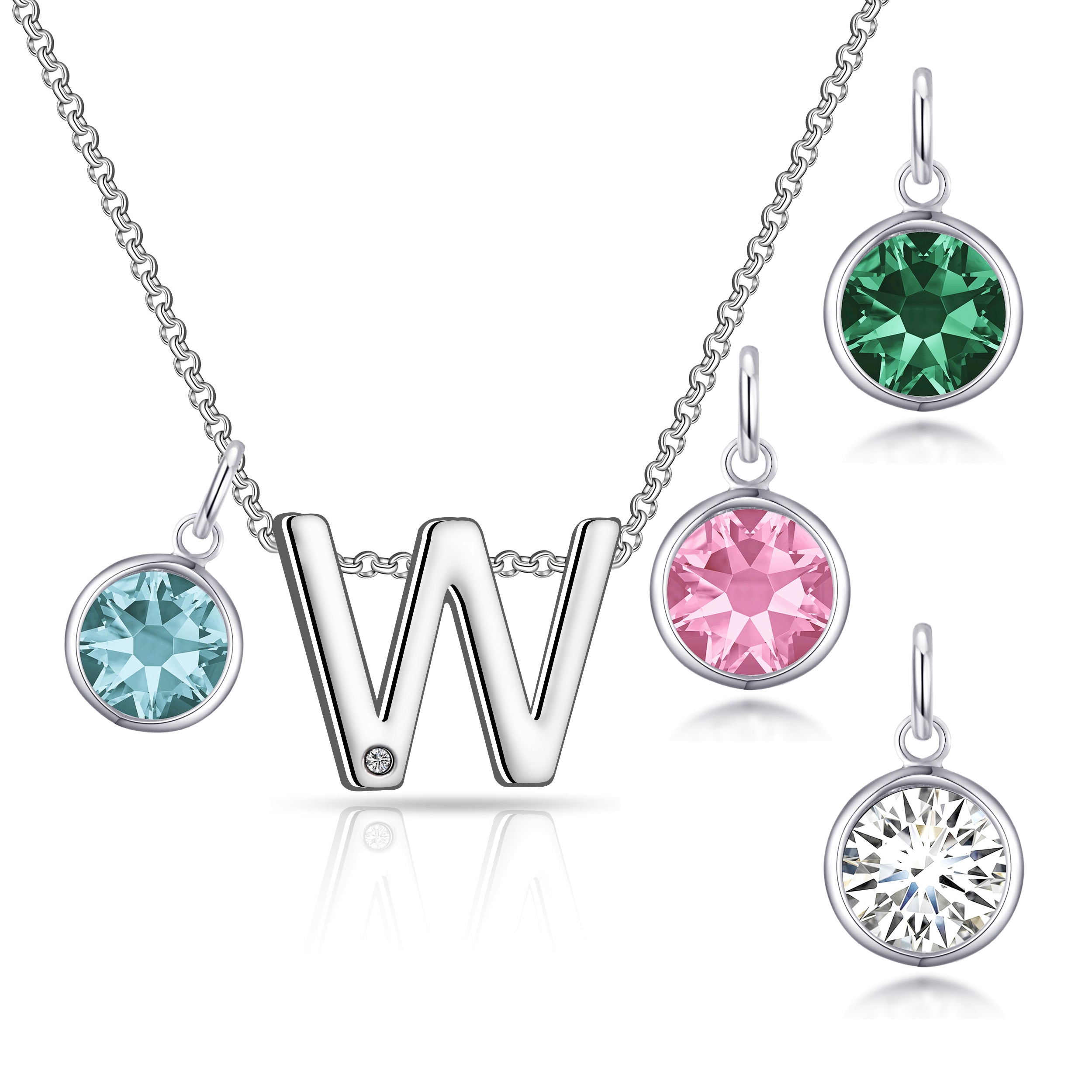 Birthstone Initial Necklace Letter W Created with Zircondia® Crystals by Philip Jones Jewellery