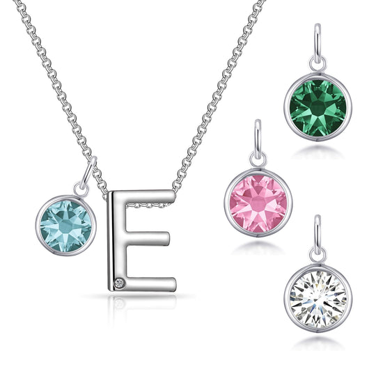 Initial E Necklace with Birthstone Charm Created with Zircondia® Crystals - Philip Jones Jewellery