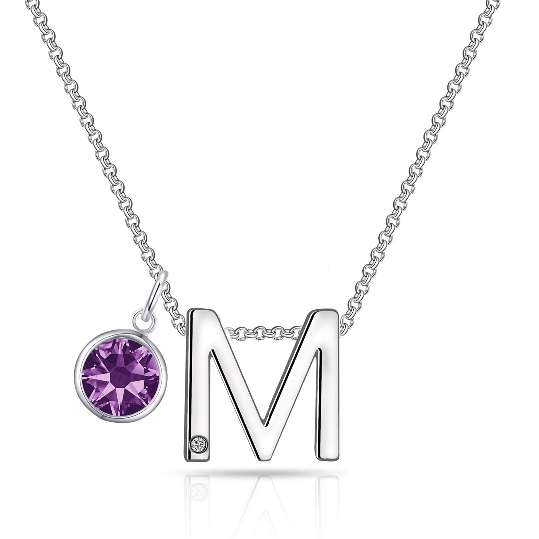 Initial M Necklace with Birthstone Charm Created with Zircondia® Crystals - Philip Jones Jewellery