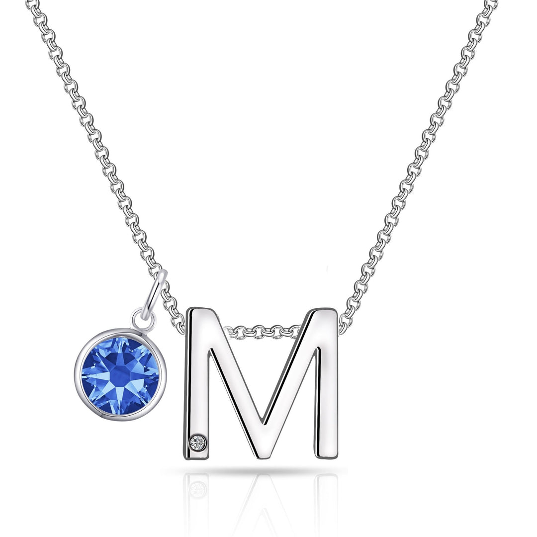 Initial M Necklace with Birthstone Charm Created with Zircondia® Crystals - Philip Jones Jewellery