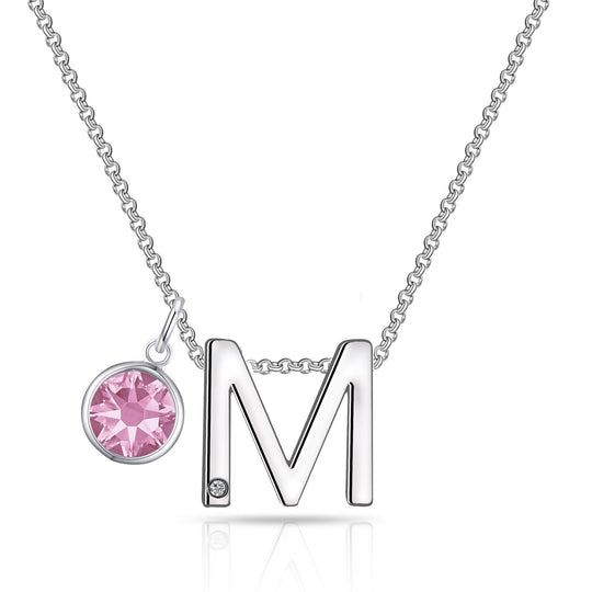 Initial M Necklace with Birthstone Charm Created with Zircondia® Crystals - Philip Jones Jewellery