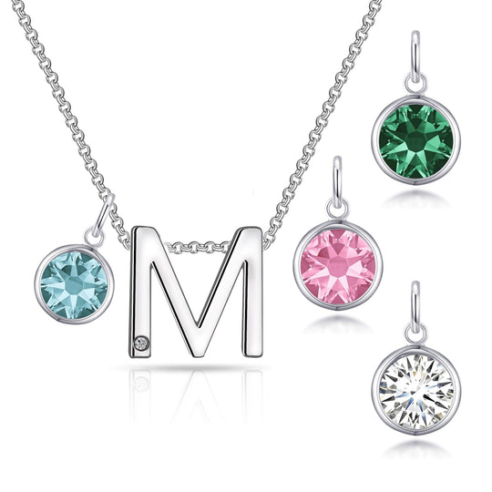 Initial M Necklace with Birthstone Charm Created with Zircondia® Crystals - Philip Jones Jewellery