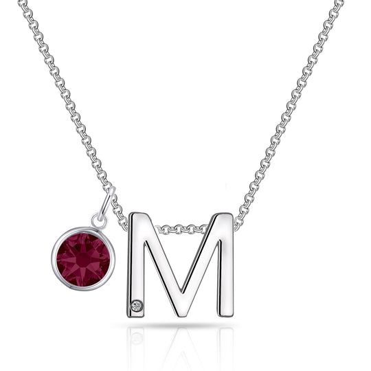 Initial M Necklace with Birthstone Charm Created with Zircondia® Crystals - Philip Jones Jewellery