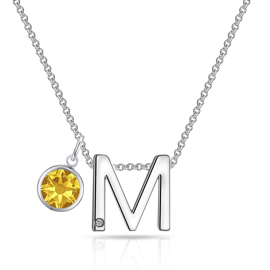 Initial M Necklace with Birthstone Charm Created with Zircondia® Crystals - Philip Jones Jewellery