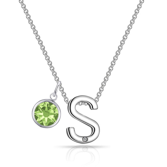 Initial S Necklace with Birthstone Charm Created with Zircondia® Crystals - Philip Jones Jewellery