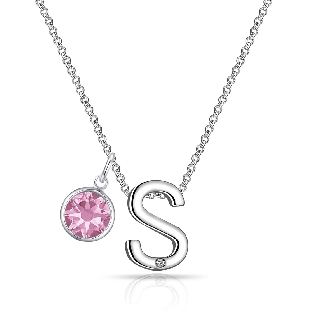Initial S Necklace with Birthstone Charm Created with Zircondia® Crystals - Philip Jones Jewellery