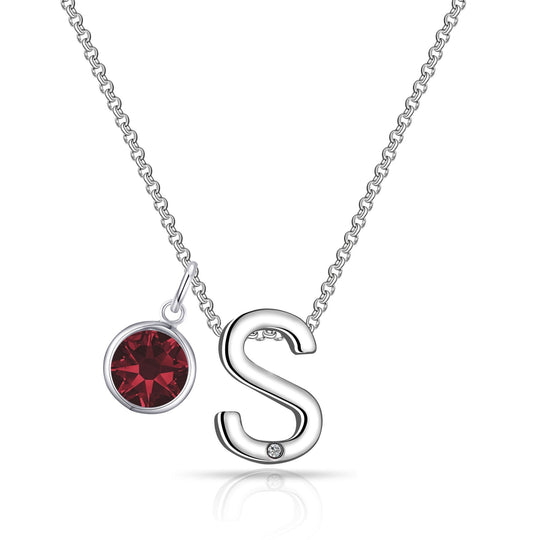 Initial S Necklace with Birthstone Charm Created with Zircondia® Crystals - Philip Jones Jewellery