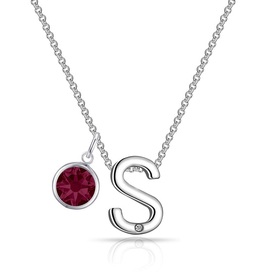 Initial S Necklace with Birthstone Charm Created with Zircondia® Crystals - Philip Jones Jewellery