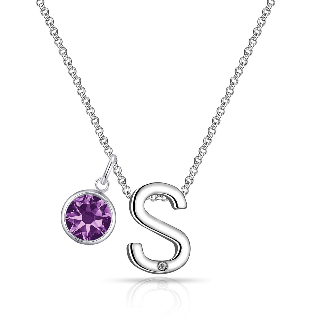 Initial S Necklace with Birthstone Charm Created with Zircondia® Crystals - Philip Jones Jewellery