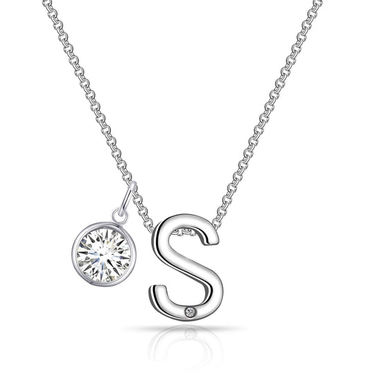 Initial S Necklace with Birthstone Charm Created with Zircondia® Crystals - Philip Jones Jewellery