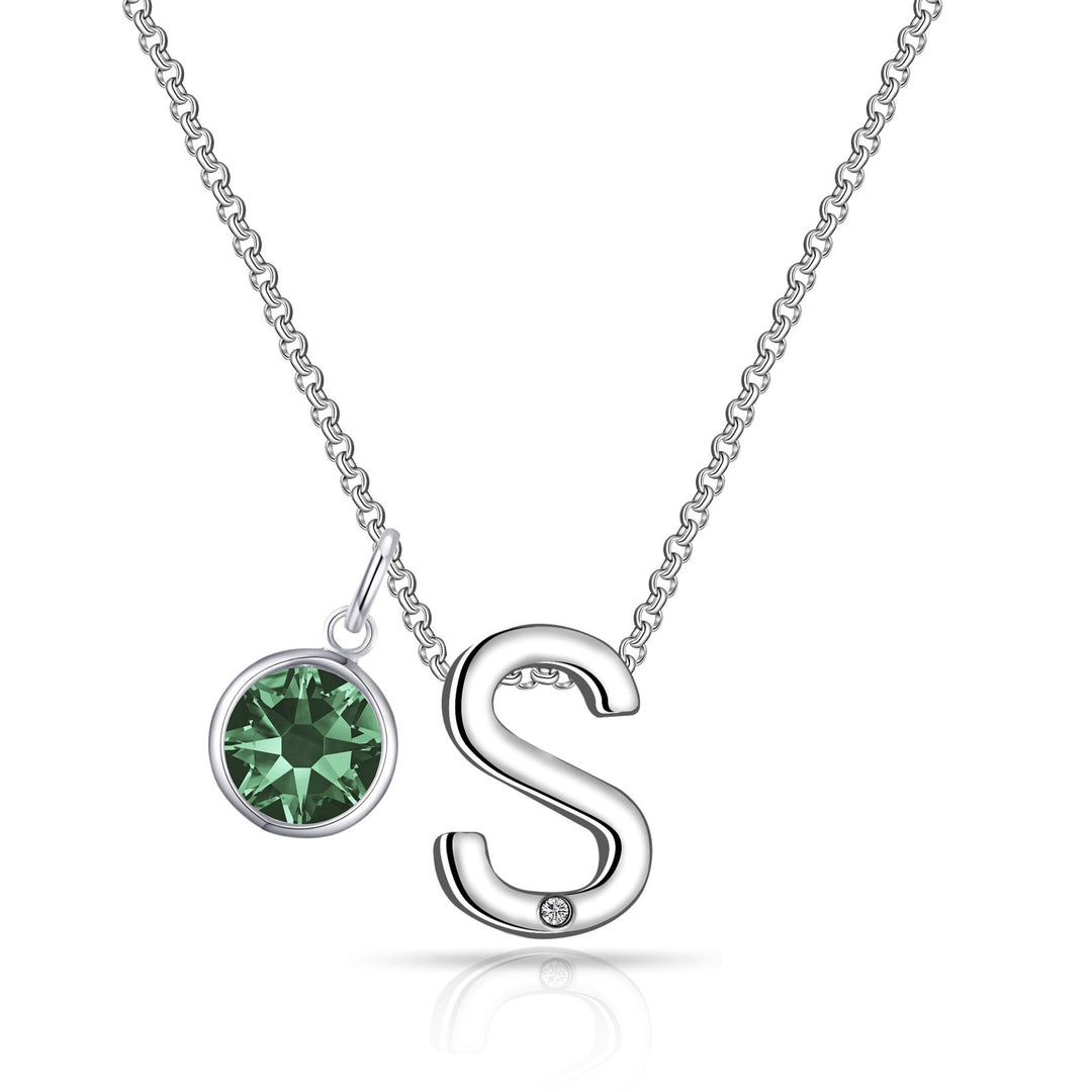 Initial S Necklace with Birthstone Charm Created with Zircondia® Crystals - Philip Jones Jewellery
