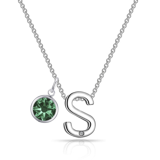 Initial S Necklace with Birthstone Charm Created with Zircondia® Crystals - Philip Jones Jewellery