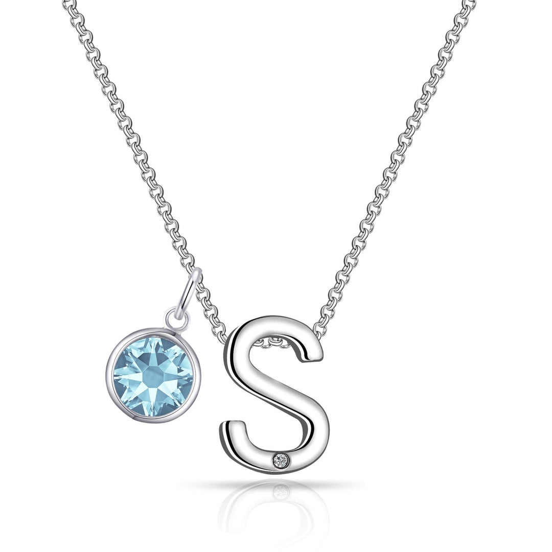 Initial S Necklace with Birthstone Charm Created with Zircondia® Crystals - Philip Jones Jewellery