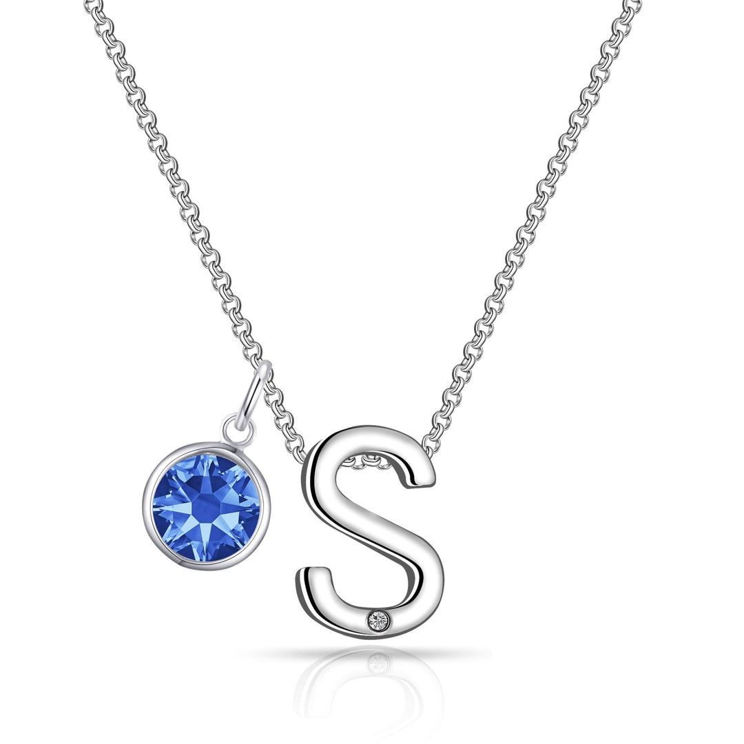 Initial S Necklace with Birthstone Charm Created with Zircondia® Crystals - Philip Jones Jewellery