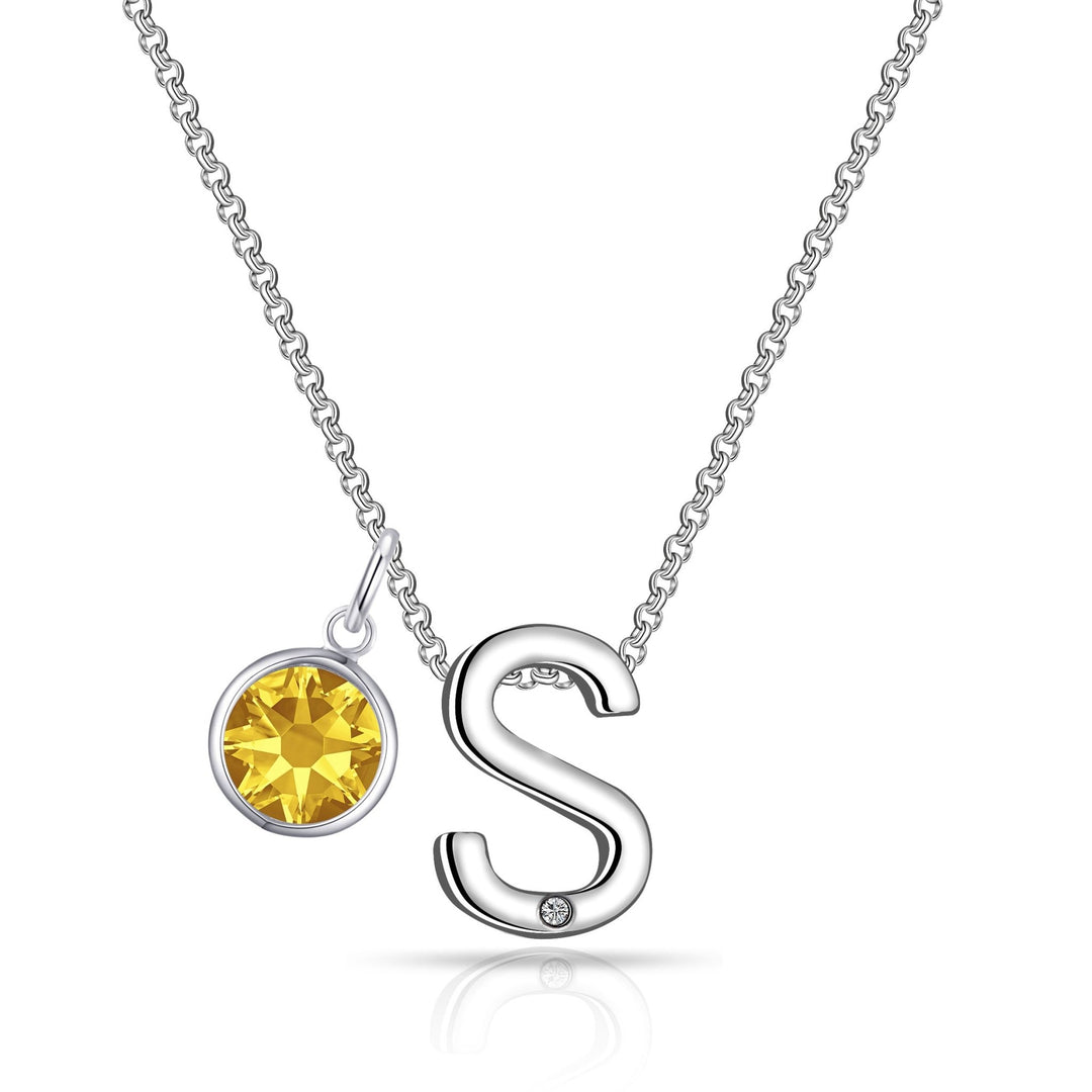 Initial S Necklace with Birthstone Charm Created with Zircondia® Crystals - Philip Jones Jewellery