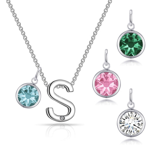 Initial S Necklace with Birthstone Charm Created with Zircondia® Crystals - Philip Jones Jewellery