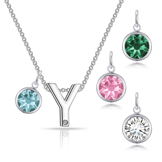 Initial Y Necklace with Birthstone Charm Created with Zircondia® Crystals - Philip Jones Jewellery