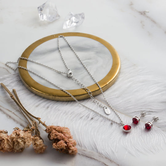 January (Garnet) Birthstone Necklace & Earrings Set Created with Zircondia® Crystals - Philip Jones Jewellery