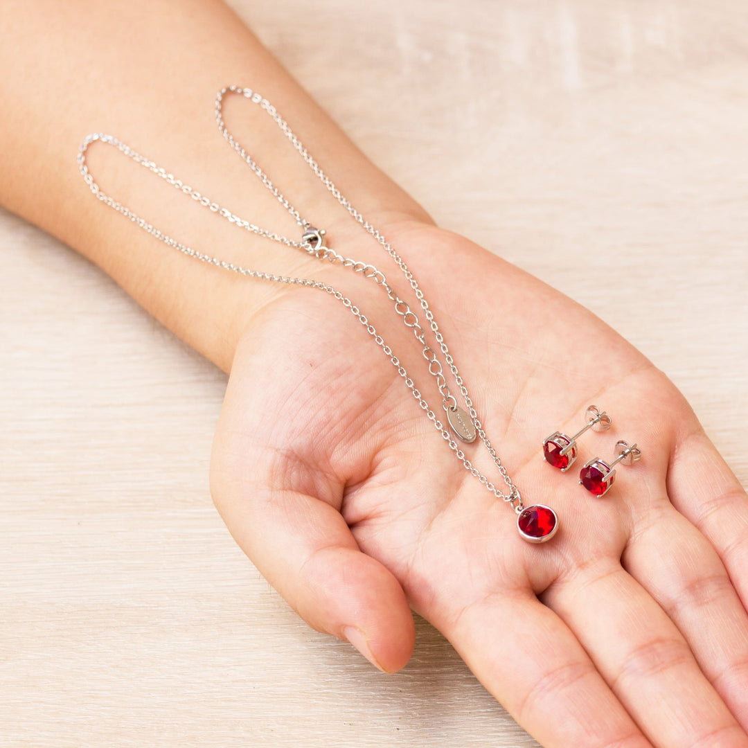January (Garnet) Birthstone Necklace & Earrings Set Created with Zircondia® Crystals - Philip Jones Jewellery