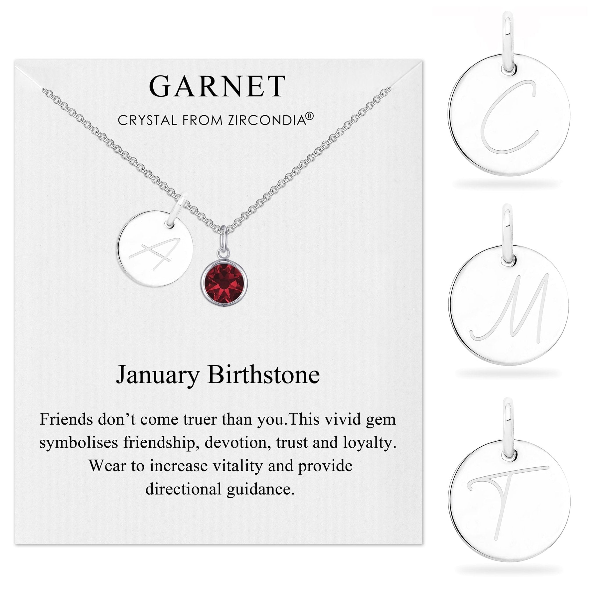 January (Garnet) Birthstone Necklace with Initial Charm (A to Z) Created with Zircondia® Crystals - Philip Jones Jewellery