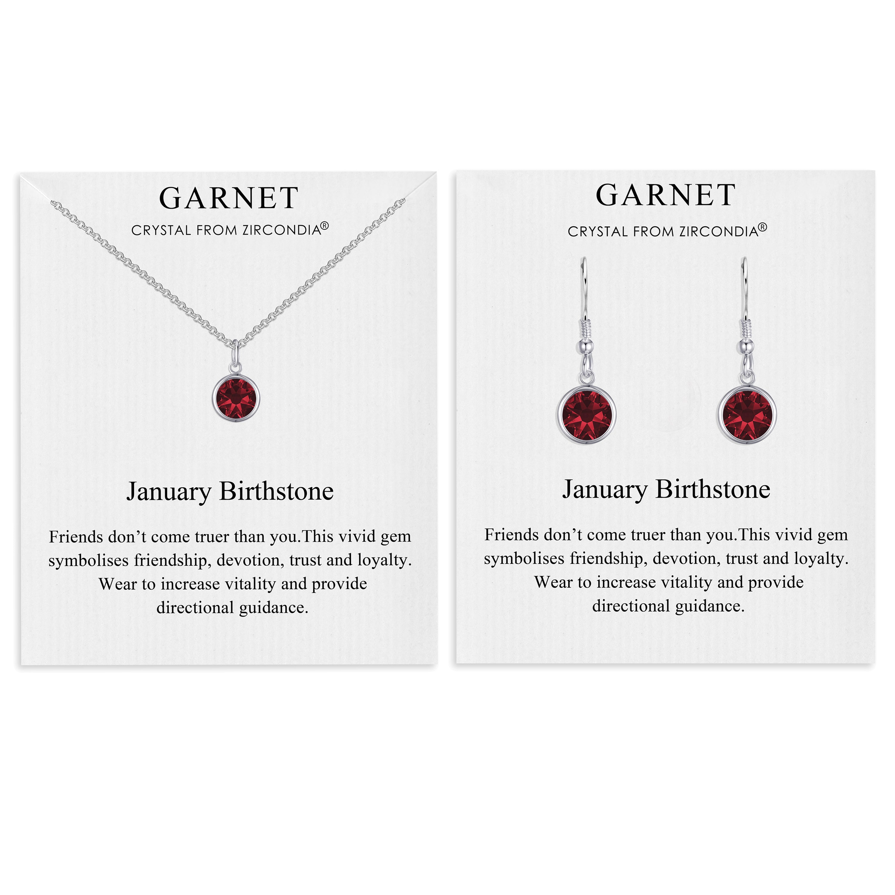January (Garnet) Birthstone Necklace & Drop Earrings Set Created with Zircondia® Crystals by Philip Jones Jewellery