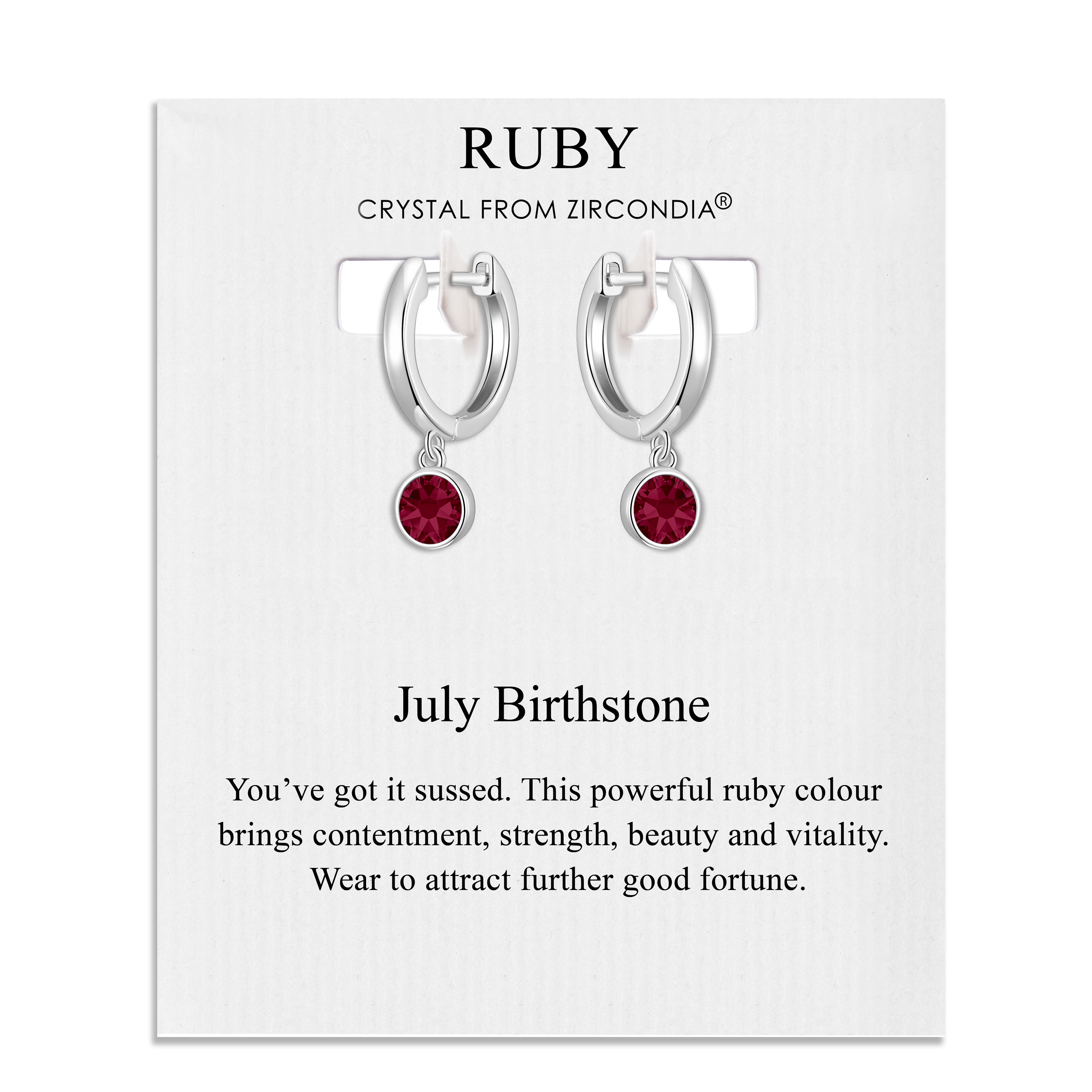 July Birthstone Hoop Earrings Created with Ruby Zircondia® Crystals by Philip Jones Jewellery