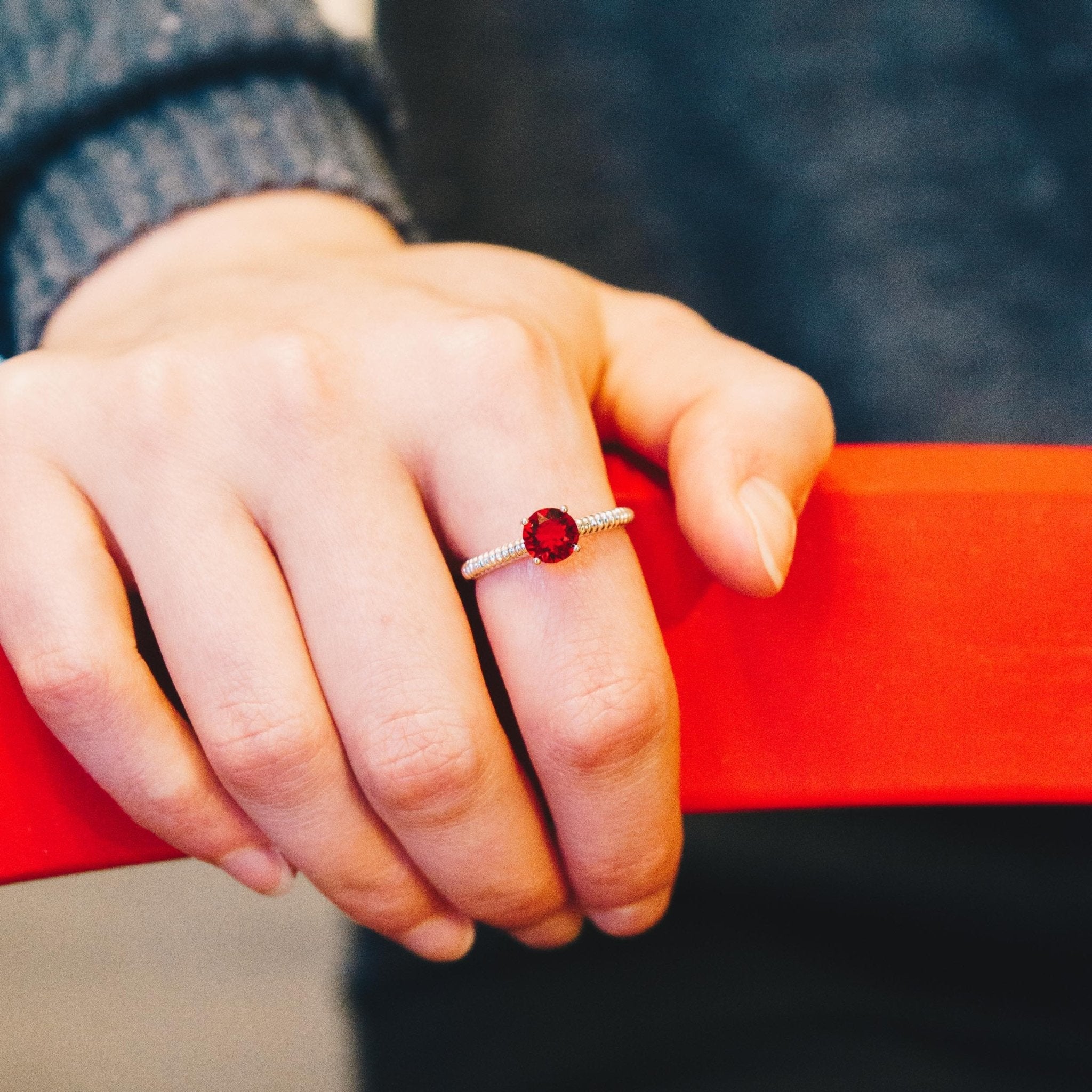 July (Ruby) Adjustable Birthstone Ring Created with Zircondia® Crystals - Philip Jones Jewellery