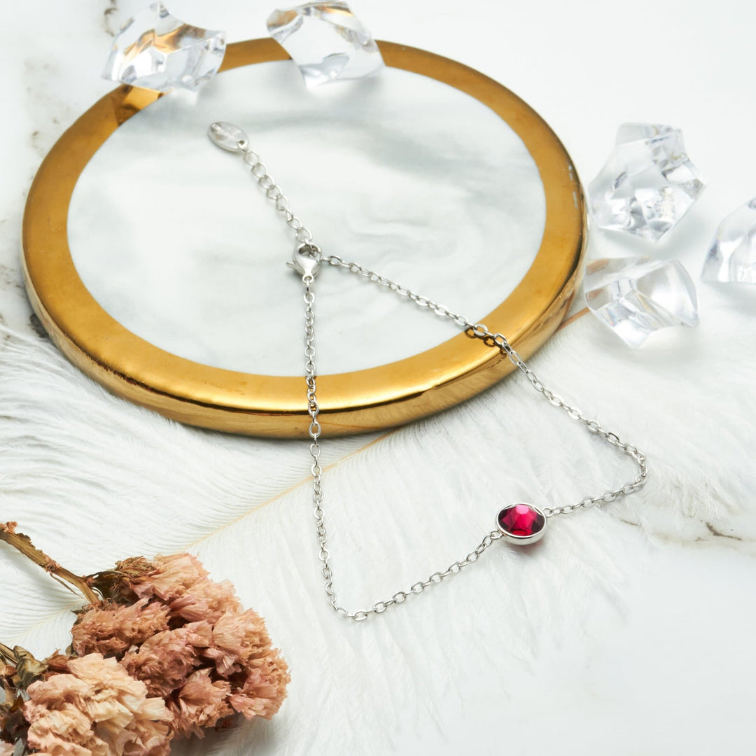 July (Ruby) Birthstone Anklet Created with Zircondia® Crystals - Philip Jones Jewellery