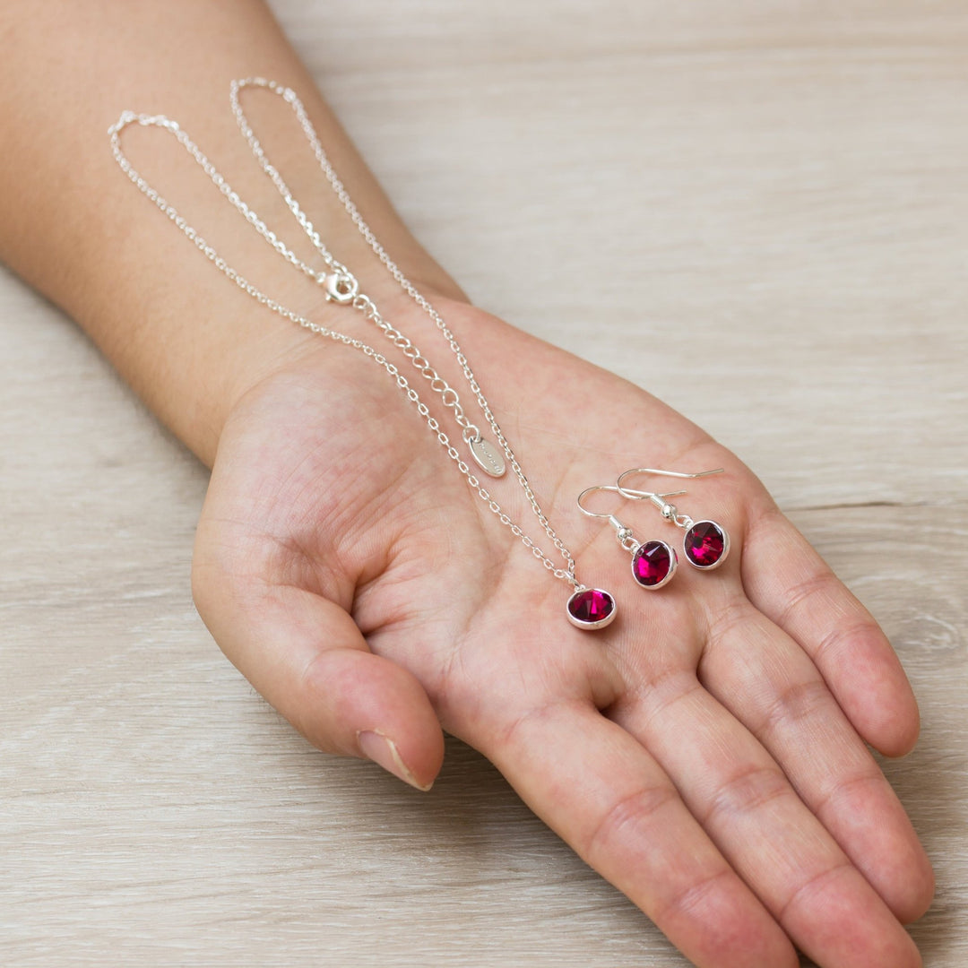 July (Ruby) Birthstone Necklace & Drop Earrings Set Created with Zircondia® Crystals - Philip Jones Jewellery