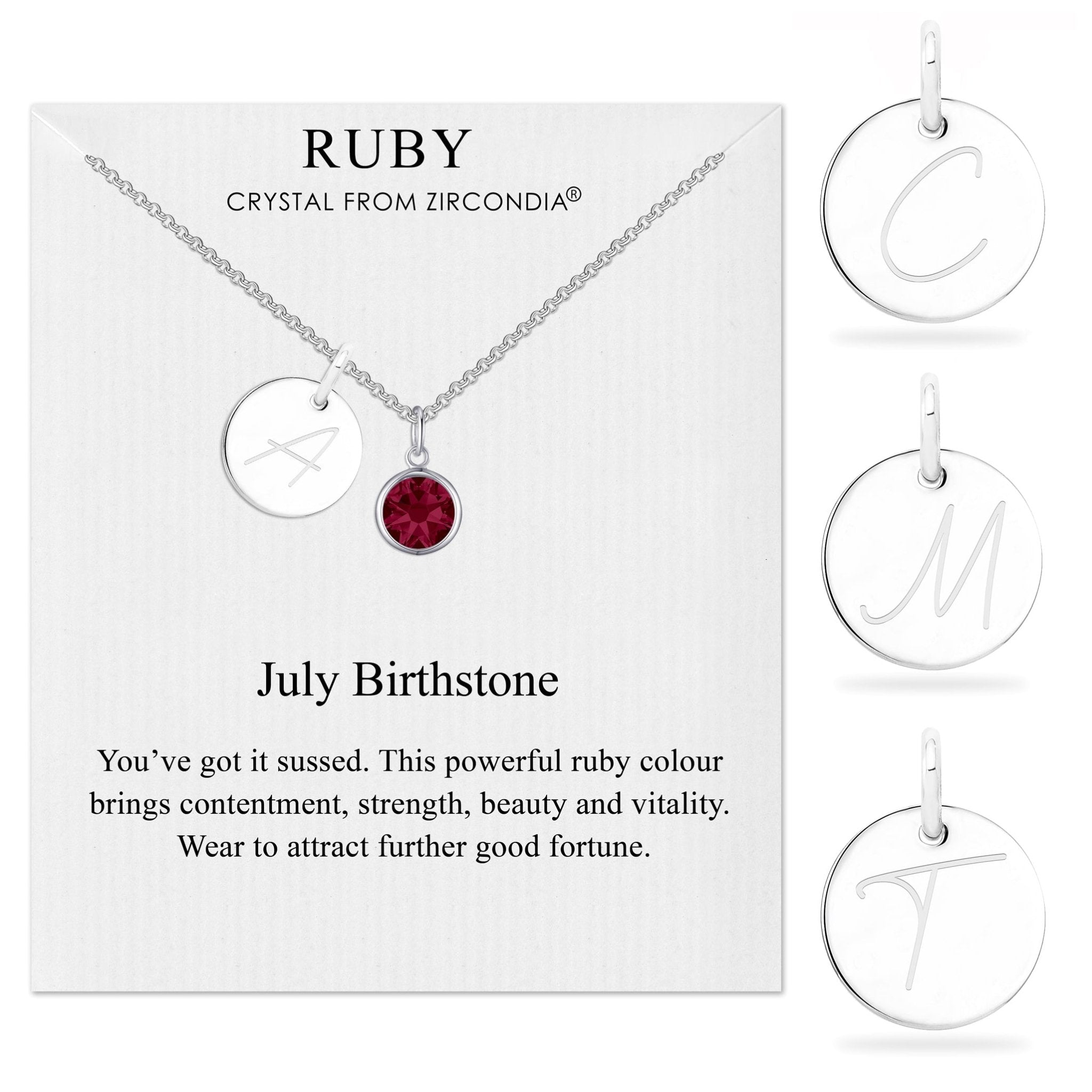 July (Ruby) Birthstone Necklace with Initial Charm (A to Z) Created with Zircondia® Crystals - Philip Jones Jewellery