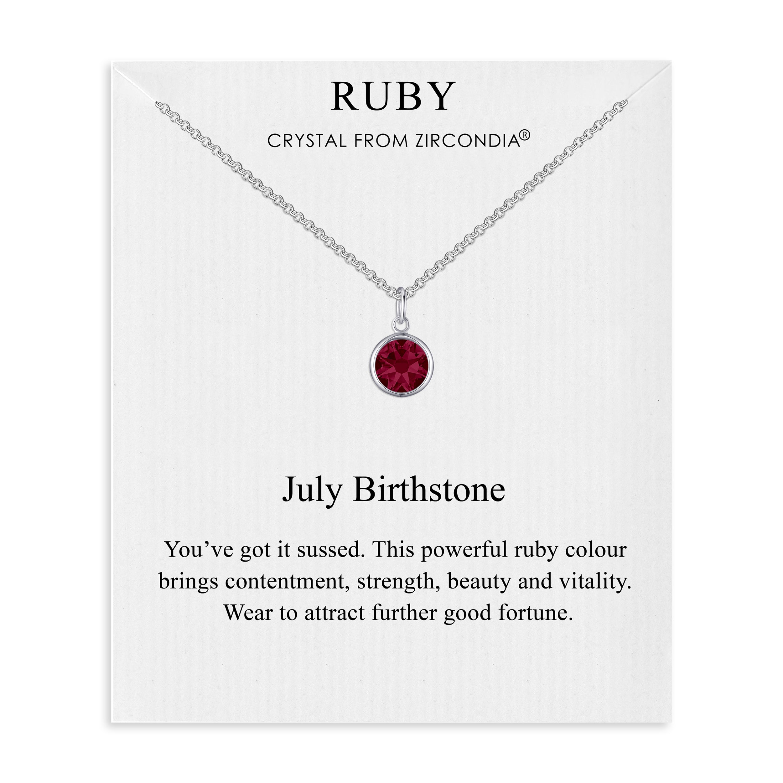 July (Ruby) Birthstone Necklace Created with Zircondia® Crystals by Philip Jones Jewellery