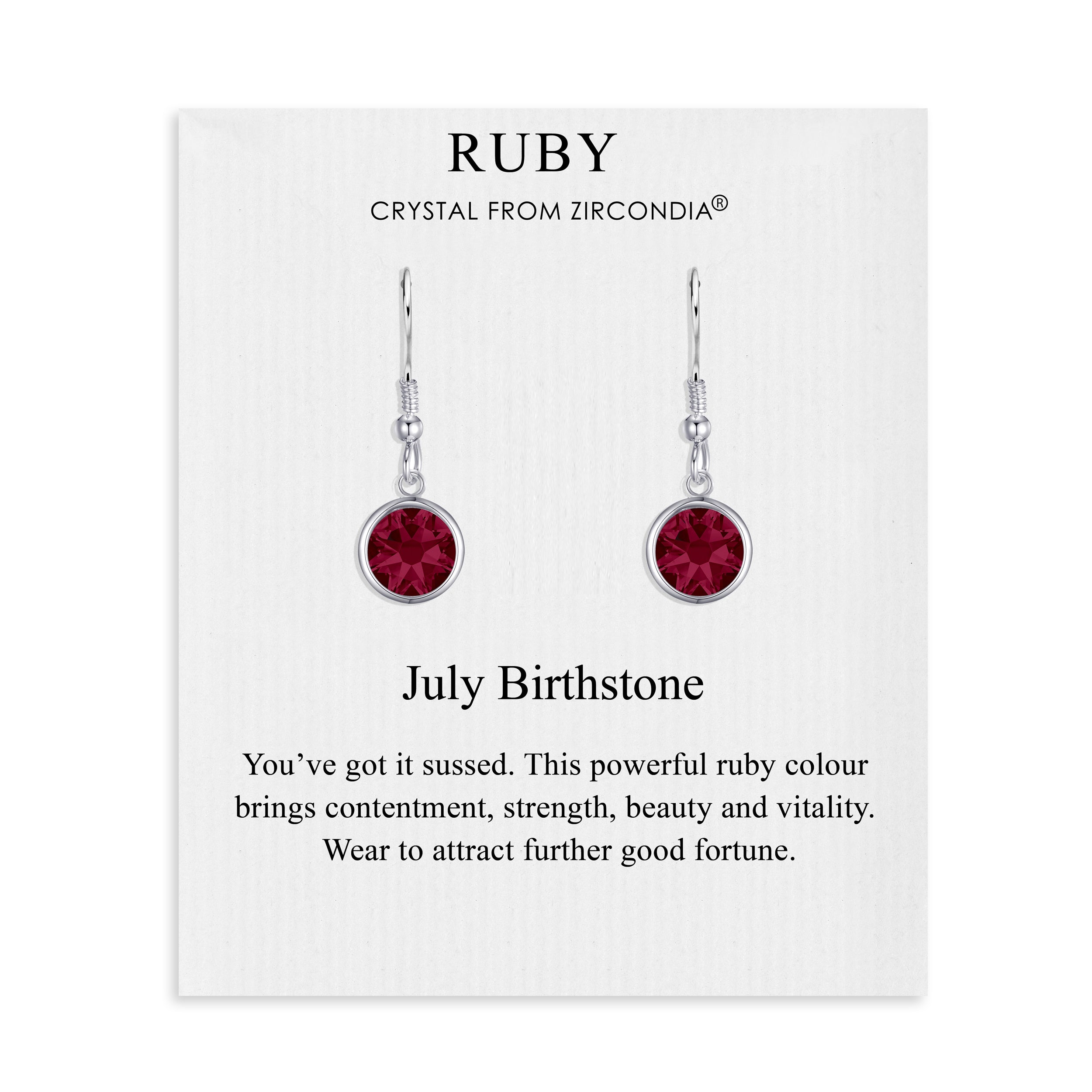 July Birthstone Drop Earrings Created with Ruby Zircondia® Crystals by Philip Jones Jewellery