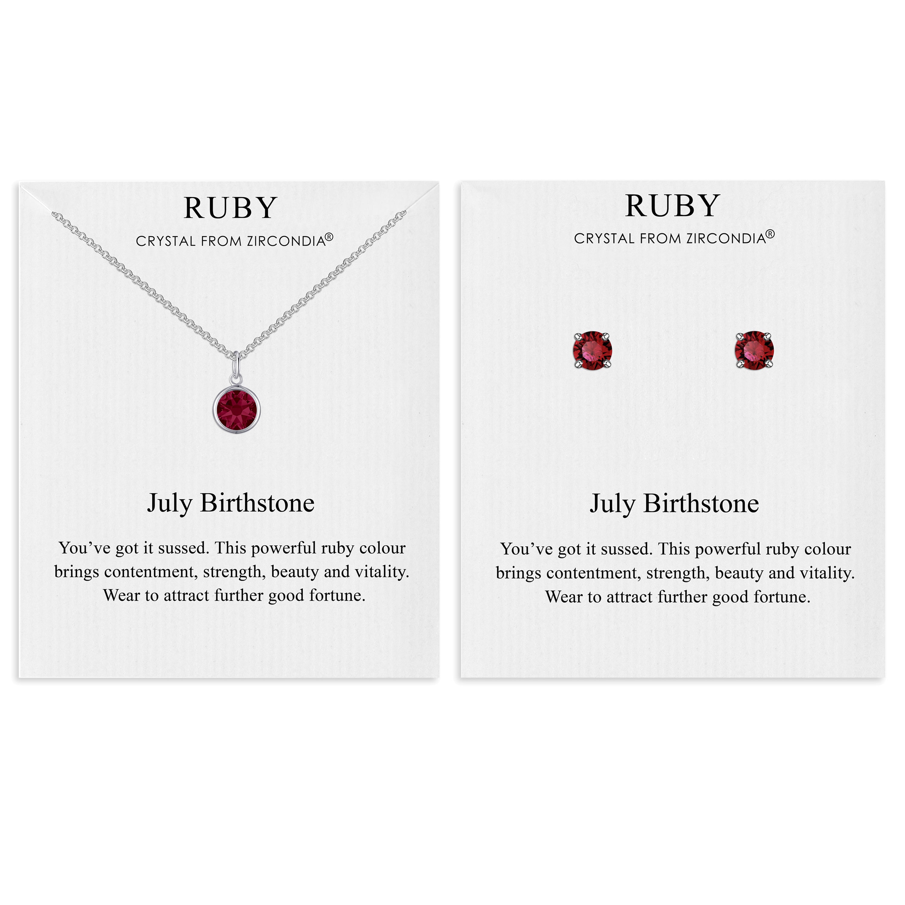 July (Ruby) Birthstone Necklace & Earrings Set Created with Zircondia® Crystals by Philip Jones Jewellery