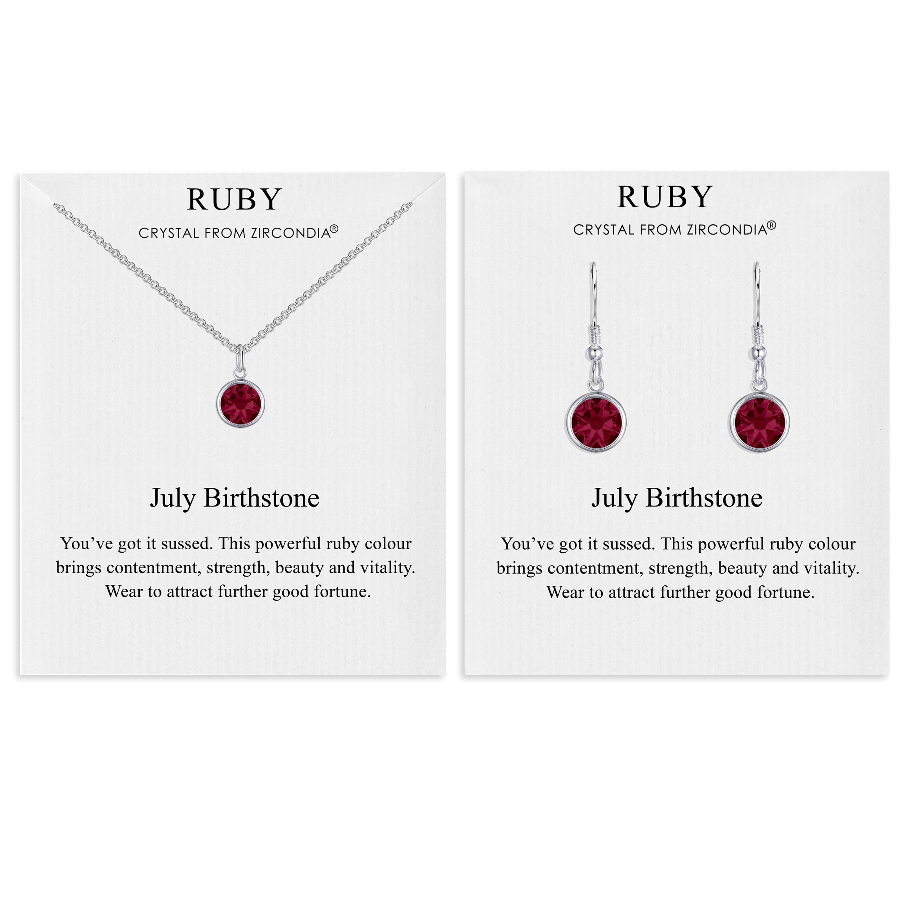 July (Ruby) Birthstone Necklace & Drop Earrings Set Created with Zircondia® Crystals by Philip Jones Jewellery