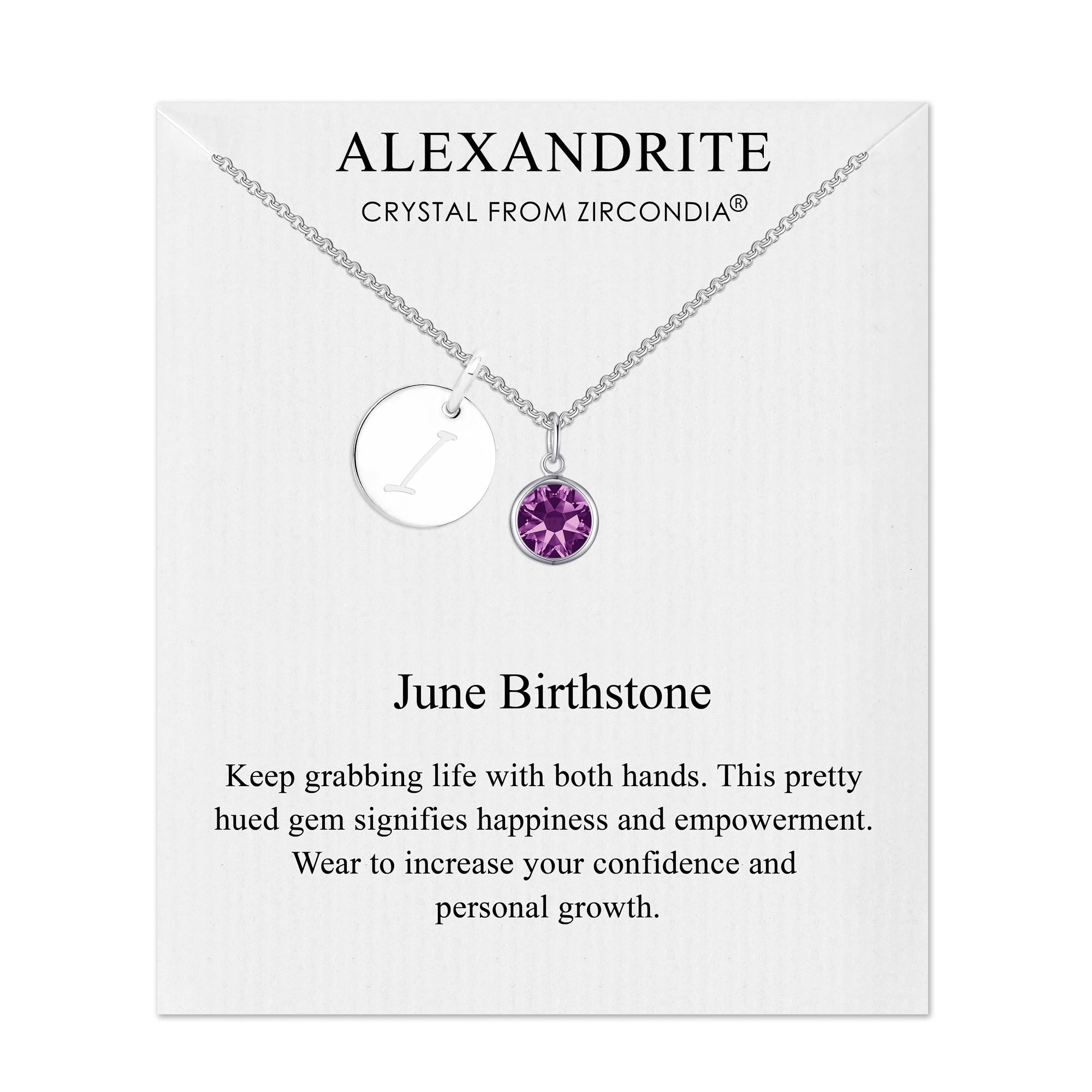 June (Alexandrite) Birthstone Necklace with Initial Charm (A to Z) Created with Zircondia® Crystals - Philip Jones Jewellery