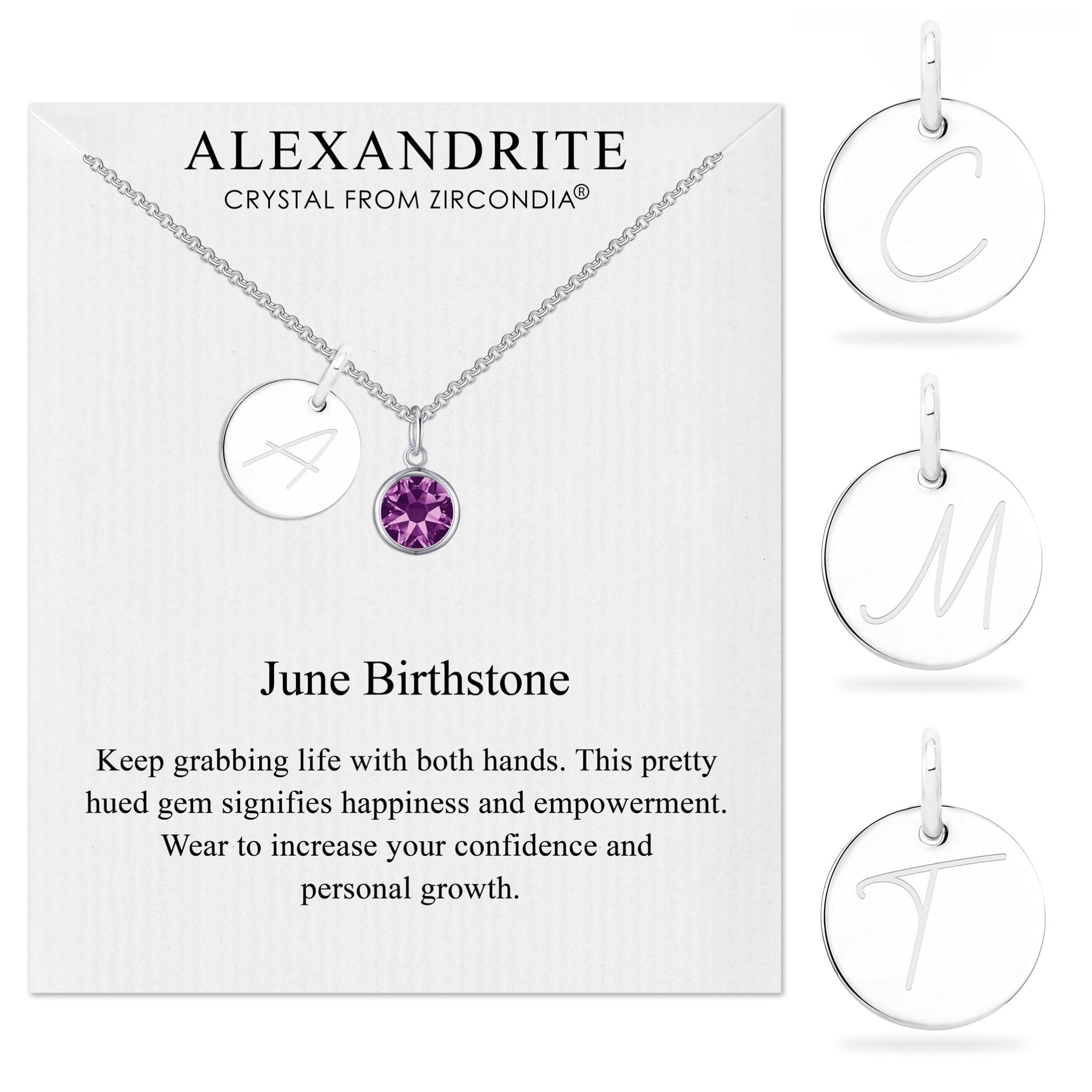 June (Alexandrite) Birthstone Necklace with Initial Charm (A to Z) Created with Zircondia® Crystals - Philip Jones Jewellery