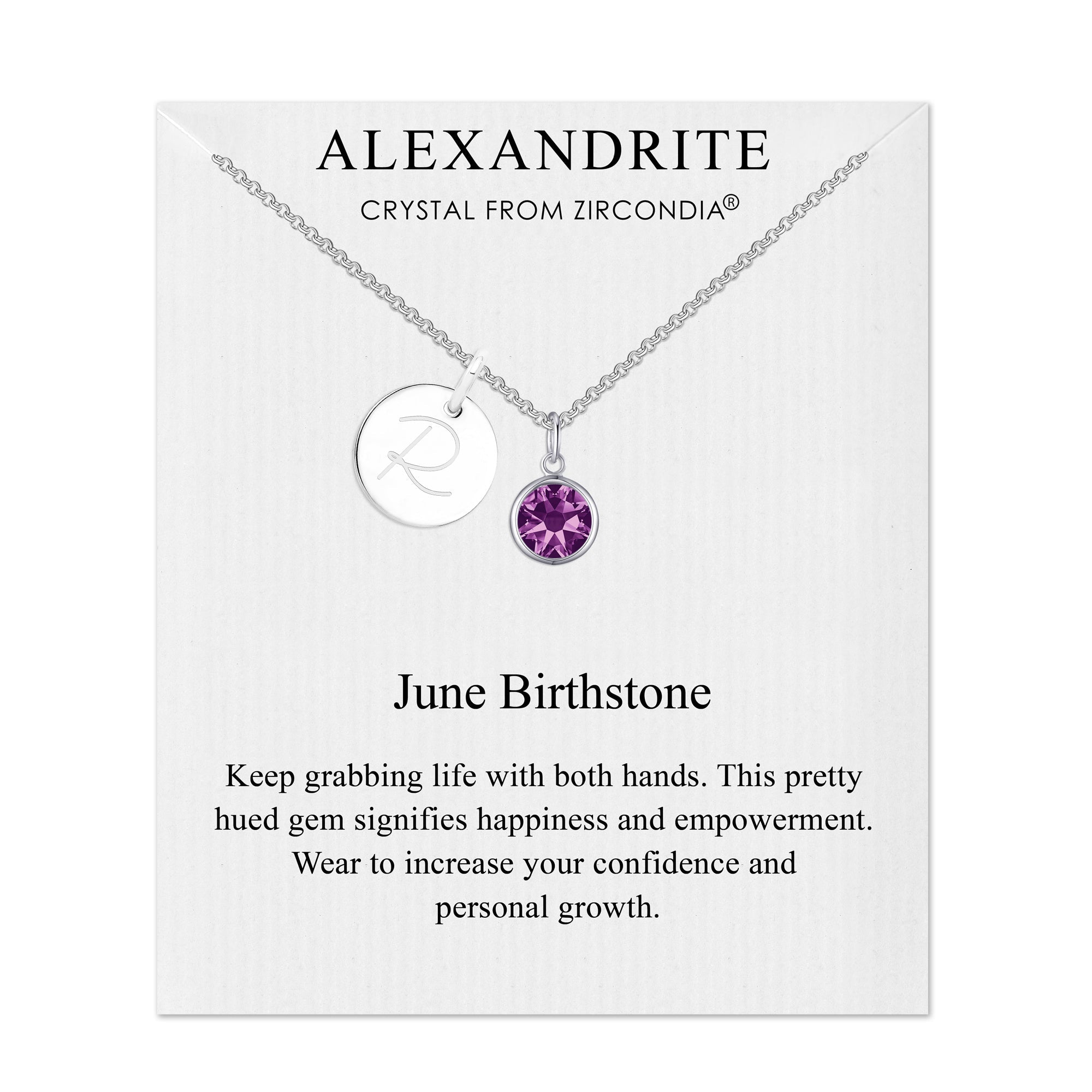 June (Alexandrite) Birthstone Necklace with Initial Charm (A to Z) Created with Zircondia® Crystals - Philip Jones Jewellery