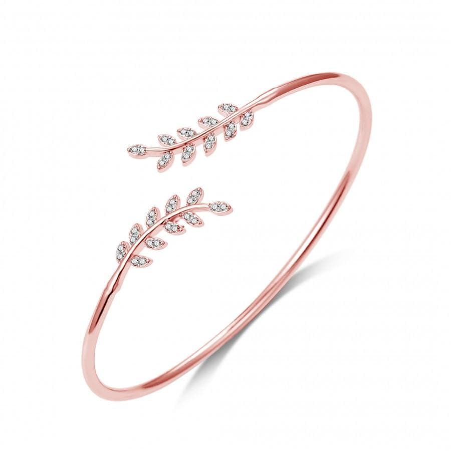 Rose Gold Plated Leaf Bangle Created with Zircondia® Crystals by Philip Jones Jewellery