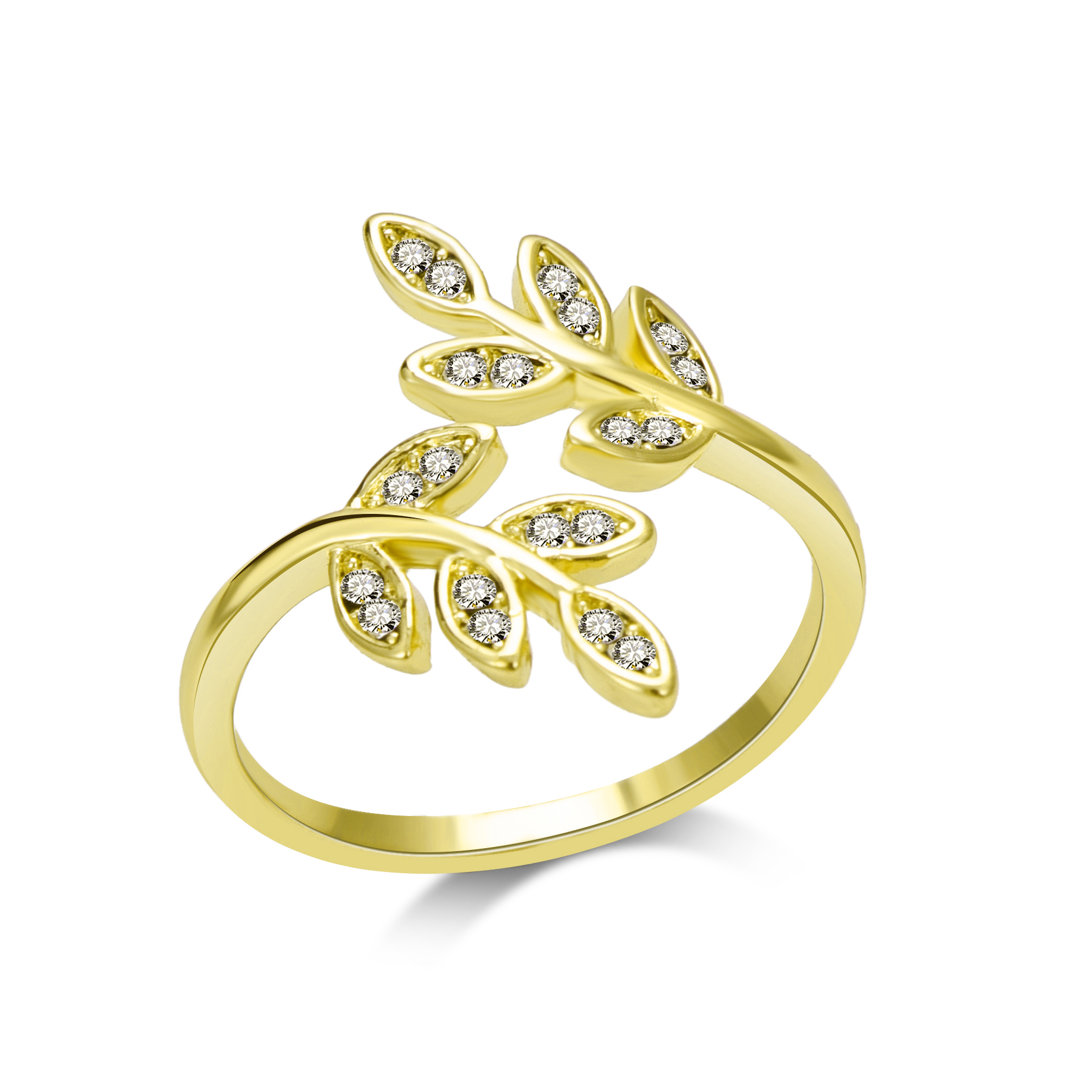 Gold Plated Adjustable Leaf Ring Created with Zircondia® Crystals by Philip Jones Jewellery