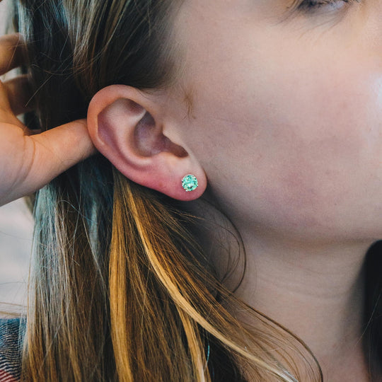 Light Green Stud Earrings Created with Zircondia® Crystals - Philip Jones Jewellery