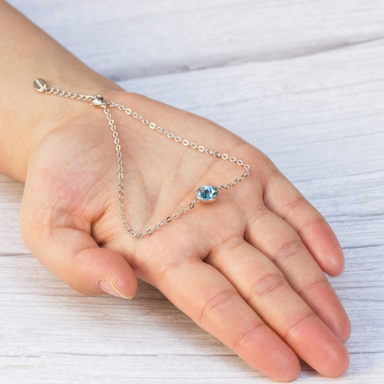 March (Aquamarine) Birthstone Anklet Created with Zircondia® Crystals - Philip Jones Jewellery