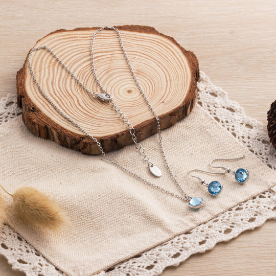 March (Aquamarine) Birthstone Necklace & Drop Earrings Set Created with Zircondia® Crystals - Philip Jones Jewellery