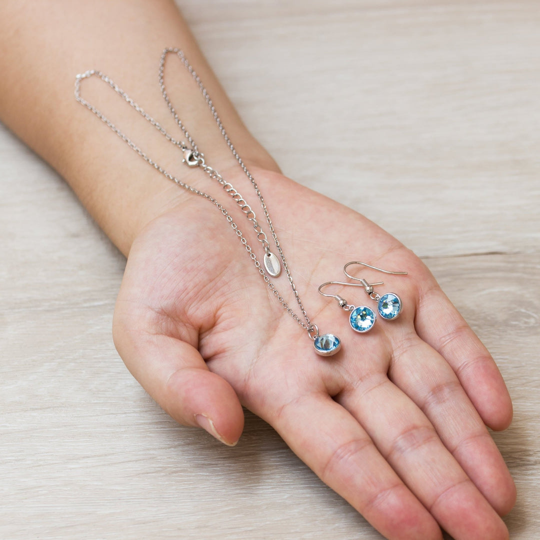 March (Aquamarine) Birthstone Necklace & Drop Earrings Set Created with Zircondia® Crystals - Philip Jones Jewellery