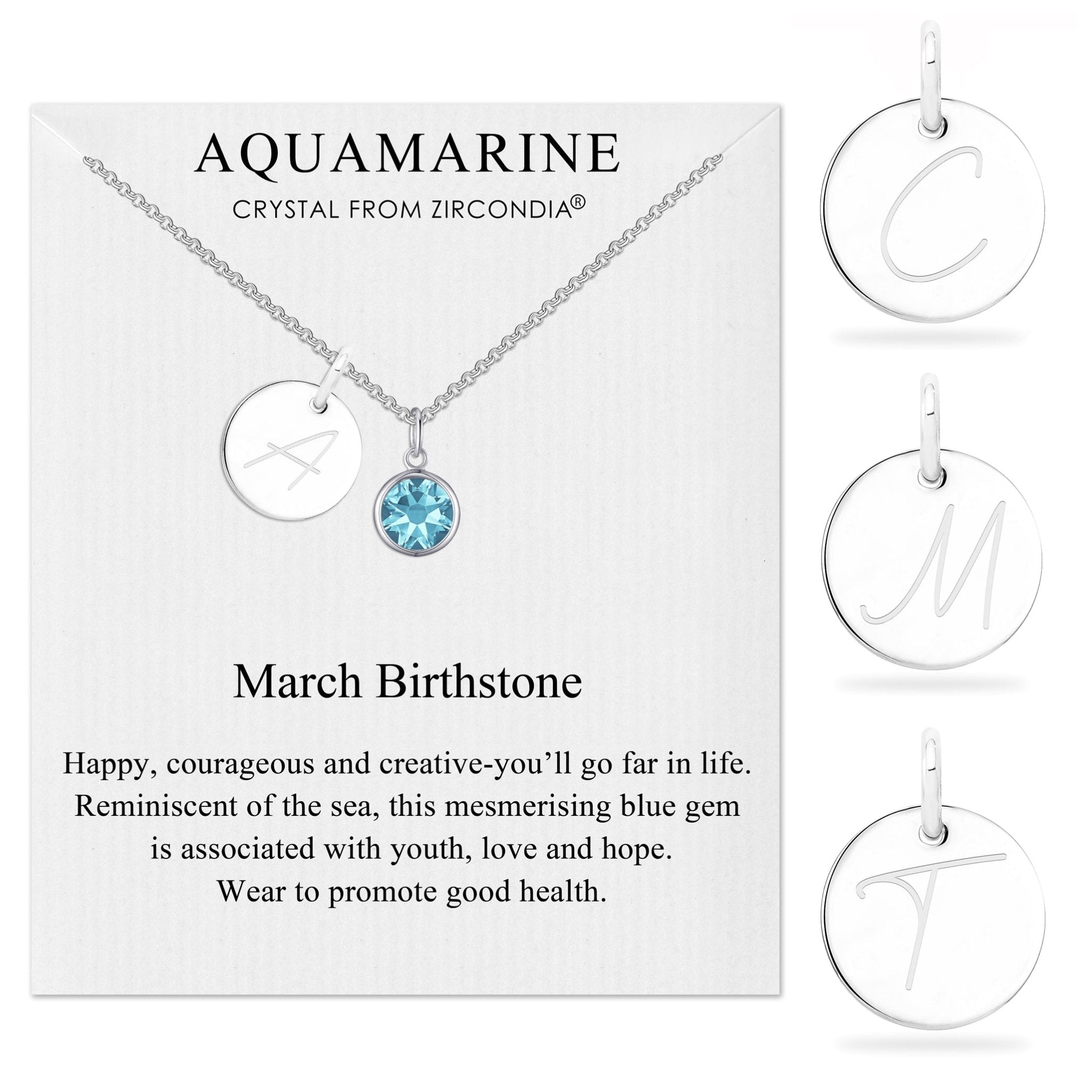 March (Aquamarine) Birthstone Necklace with Initial Charm (A to Z) Created with Zircondia® Crystals - Philip Jones Jewellery