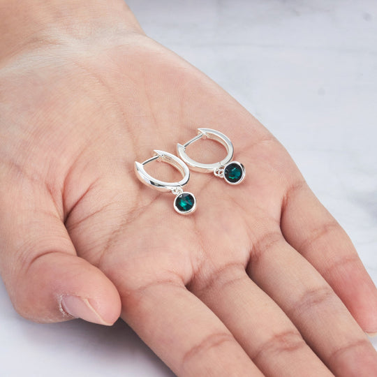 May Birthstone Hoop Earrings Created with Emerald Zircondia® Crystals - Philip Jones Jewellery