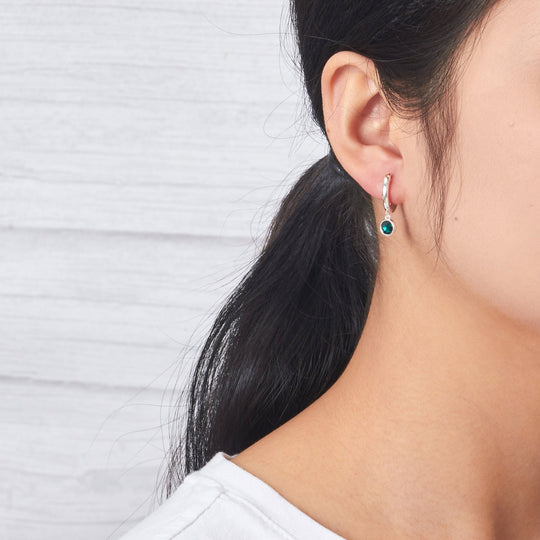May Birthstone Hoop Earrings Created with Emerald Zircondia® Crystals - Philip Jones Jewellery